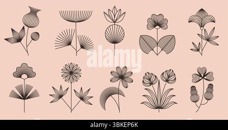 Linear boho flowers. Floral line art, bohemian style blooming plants with geometric flower and leaves. Abstract botanical isolated vector Stock Vector