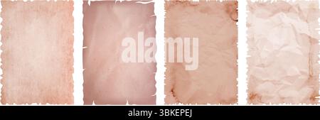 Old vintage paper sheets. Ripped parchment backgrounds, aged manuscript sheets with torn edges with crumpled paper textures. Weathered papyrus Stock Vector