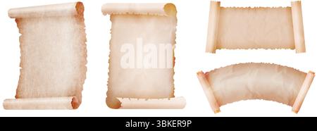 Parchment scroll templates. Ancient paper scrolls, old manuscript rolls and vintage document banners with rolled edges. Aged textured sheet with burnt Stock Vector