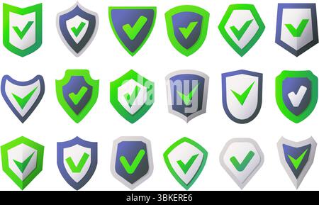 Shields with check marks. Trust and security icons with protective shield badge and approving tick symbol. Product certification and validation tags Stock Vector