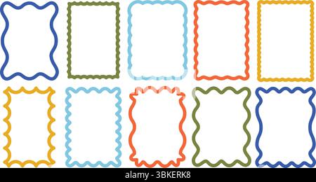 Wavy frames. Curvy border, smooth zigzag scalloped frame and rectangle shapes with wave edge. Retro decorative squiggly card borders vector set with Stock Vector