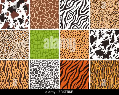 Animal skin seamless patterns. Leather textures of giraffe, zebra, wild leopard, jungle jaguar, crocodile, cheetah fur and tiger skins vector Stock Vector