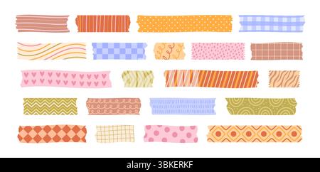 Patterned washi tape. Colorful adhesive strips with hand drawn and abstract geometric patterns. Scrapbooking themed mixed media decorative dividers Stock Vector