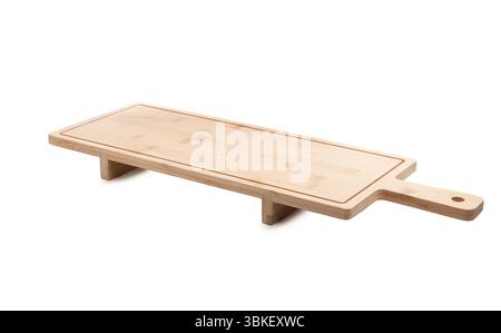 One wooden serving board with legs isolated on white. Space for text Stock Photo
