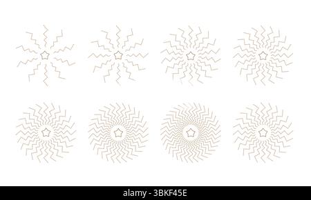 Helix round sunburst, explosion icons with star. Spiral abstract circle geometric shapes. Vector illustrations set. Stock Vector