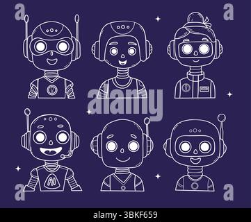 Outline Chatbot Face, Robot, girl, Assistant AI character set. Vector hand drawing doodles. Isolated White virtual Avatar on blue background for tech Stock Vector