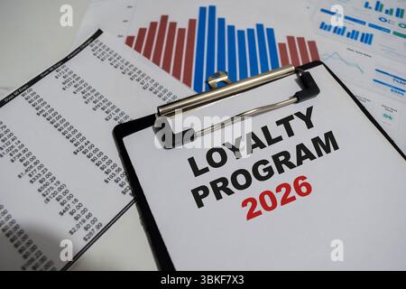 Concept of Loyalty Program 2026 write on paperwork isolated on Wooden Table. Stock Photo