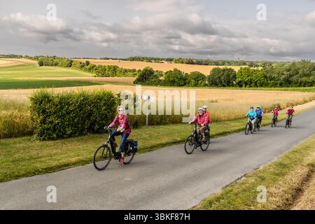 A group of cyclists rides along La Flow Vélo long-distance cycle route through the picturesque landscape of the Cognac region in western France. Journalist Angela Berg leads the way in a pink jumper. The rest of the group follows on e-bikes. The narrow road runs between cornfields and hedges near Saintes, close to the Charente. The route mostly runs through gently undulating to flat terrain. La Flow Vélo covers around 400 kilometres from Sarlat-la-Canéda in the Périgord to the Île d'Aix off the Atlantic coast. The group is on a guided cycling tour by Die Landpartie along the Charente. Route de Stock Photo