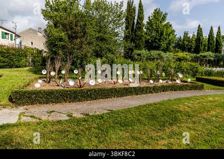 Plates on poles in a front garden in France, Nouvelle-Aquitaine. The motif fits in with the German proverb 'Über den Tellerrand schauen' (look beyond the edge of your plate), which refers to an open, curious attitude in which one is willing to transcend one's own boundaries and learn new things. The phrase is often used in connection with cosmopolitanism, a change of perspective or innovation. Thinking out of the Box. The decorative garden installation comprises various pieces of crockery attached to sticks and placed in a flower bed to create a playful and artistic scene. The installation is  Stock Photo