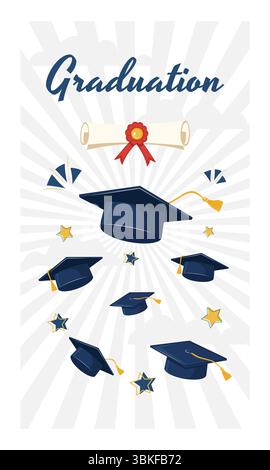Graduation Caps, Hats and Diploma with Stars on Light Radial Background. Vertical Format for Social Media Story Template. Graduation Celebration Stock Vector