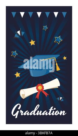 Graduation Hat, Bachelor Cap and Diploma Certificate with Stars on Dark Radial Background. Vertical Instagram Story Template. Graduation Celebration Stock Vector
