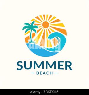 Stylized summer beach logo featuring palm tree and ocean wave Stock Vector