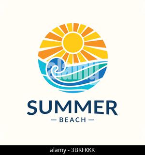 Stylized summer beach logo with sun and wave illustration Stock Vector