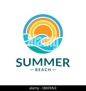 Vibrant summer beach themed icon with sun and ocean wave Stock Vector