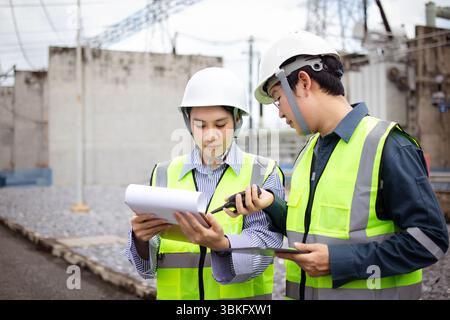 A two engineers are working at high voltage substation wearing safety helmets and reflective vests while reviewing documents and using walkie talkie t Stock Photo
