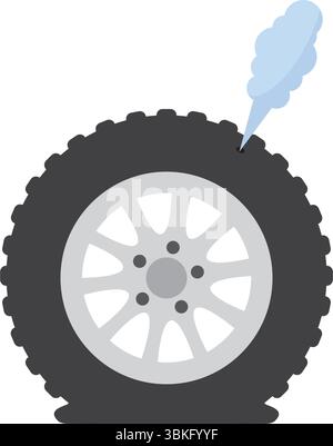 Deflated automobile tire. Punctured wheel of car. Element of Tire service station. Cartoon flat illustration. Comic air and smoke. Accident and repair Stock Vector