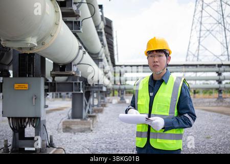 An engineer is working at power station wearing yellow helmet and reflective vest while inspecting equipment and holding documents with focus and dete Stock Photo