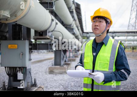 An engineer is working at power station wearing yellow helmet and reflective vest while inspecting large industrial pipes with focused attention and d Stock Photo