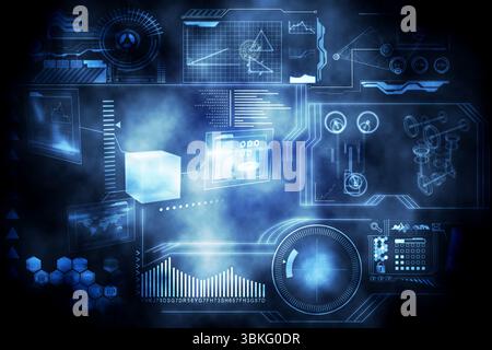 Cluster of holographic data panels is floating in dark void in 3D render, displaying UI details Stock Photo