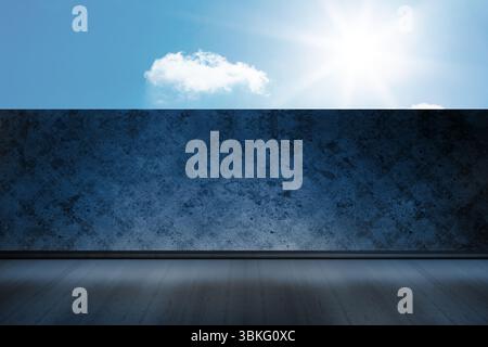 Textured blue concrete wall is rising in flat minimalist interior, with wooden plank floor and sun Stock Photo