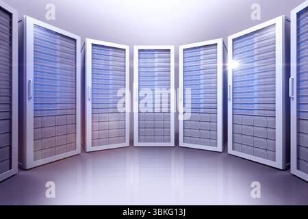 Flat data center design is showing curved row of six server cabinets glowing blue LED lights Stock Photo