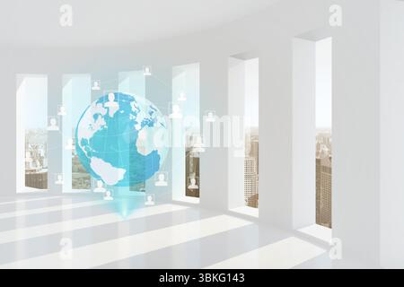 Translucent hologram Earth globe is floating in 3D room with windows, lines connecting avatar icons Stock Photo