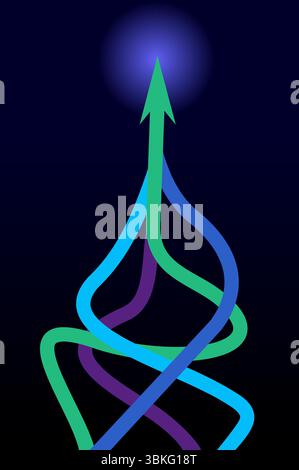 Graphic vector of blue and green color ropes converging into arrows isolated on black background, Technology light lines of business Stock Vector