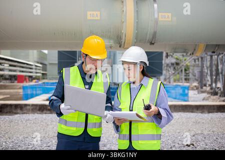 An engineer is working with colleague at power station wearing safety helmets and reflective vests while reviewing documents and using laptop in indus Stock Photo