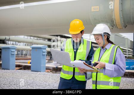 A two engineers working together at power station wearing safety helmets and reflective vests while reviewing documents and laptop with focused expres Stock Photo