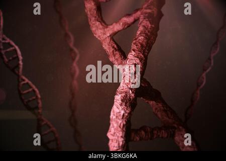 Displaying rough-textured DNA helix twisting amid blurred strands in reddish-brown molecular space Stock Photo