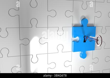 Blue puzzle piece is popping out from flat 3D puzzle render, showing metallic skeleton key Stock Photo