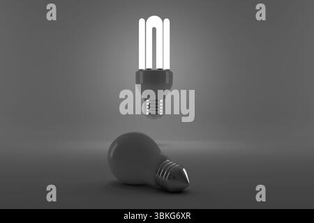 Lit energy efficient lightbulb over bulb Stock Photo