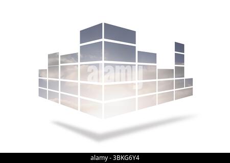 Abstract sky-textured panels are floating in 3D render with minimal white background, copy space Stock Photo