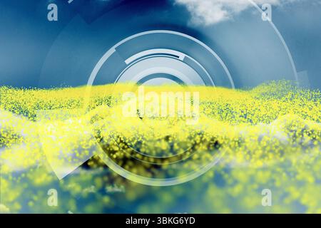 Flat design is showing circular semi-transparent HUD overlay scanning yellow field under cloudy sky Stock Photo
