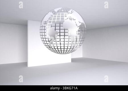 Shiny planet floating in grey room Stock Photo