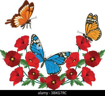 Vibrant butterflies fluttering above bright red poppies in a detailed vector style. Bold colors and intricate patterns enhance visual appeal Stock Vector
