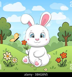 Cute cartoon White Bunny holds a flower and sits in nature. Vector illustration of an animal with red flowers, green grass and trees. Stock Vector