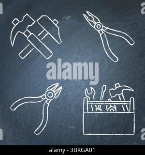 Repair tools chalkboard icon set. Hammer, pliers, cutters and toolbox. Vector illustration. Stock Vector