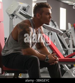 Handsome tattooed bodybuilder posing in gym Stock Photo - Alamy