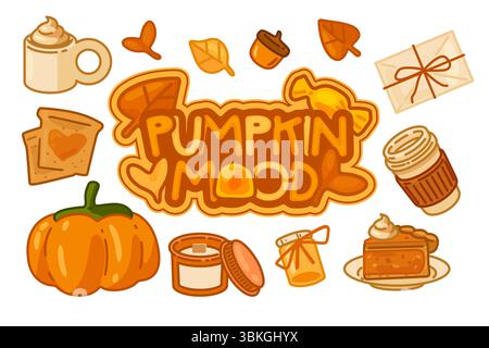 Pumpkin, pie, coffee, candle and cozy fall elements around hand-drawn Pumpkin Mood lettering. Cartoon style, warm autumn palette, isolated on white ba Stock Vector