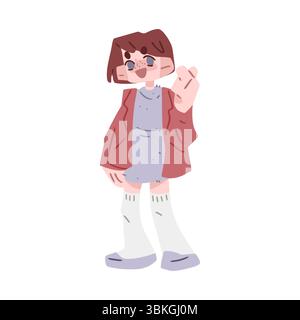 Flat cartoon illustration of a smiling teen girl in a red jacket and lavender dress making a finger heart gesture. Soft pastel colors, isolated on whi Stock Vector