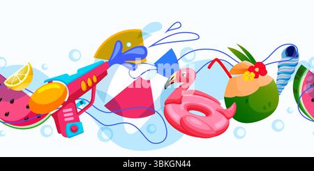 Abstract summer beach seamless horizontal background with water gun, flamingo ring toy, coconut cocktail, ball, watermelon. Vector illustration. Color Stock Vector