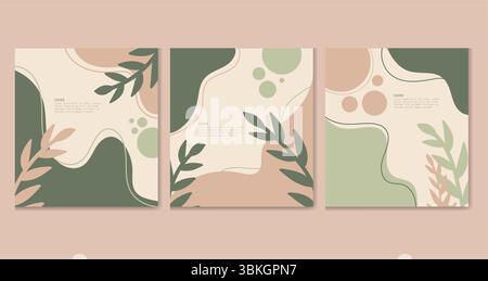 Abstract botanical wall art set with minimalist organic shapes and earthy tones. Modern, elegant design ideal for home decor, posters, prints vector Stock Vector