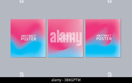 Set of three modern abstract posters featuring bold pink and cyan blue gradient mesh designs with soft transitions and centered “Abstract Poster” text Stock Vector