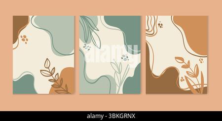 Abstract botanical wall art set with minimalist organic shapes and earthy tones. , elegant design ideal for home decor, posters, prints, and dig Stock Vector
