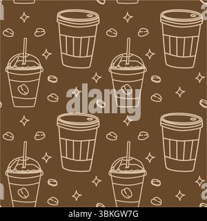 Seamless coffee pattern with takeaway cups and beans for cafe decor and design. Stock Vector