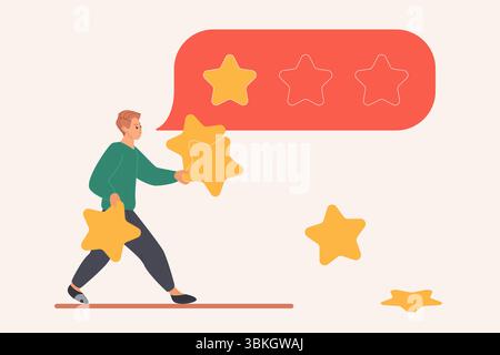 Bad review, negative feedback of angry customer about poor experience of service or product. Tiny man user giving one ranking star for assessment of quality problems cartoon vector illustration Stock Vector
