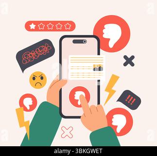 Bad negative comment, complaint of customer in online survey service. Hands of client holding smartphone to press dislike button and send poor review in social media cartoon vector illustration Stock Vector