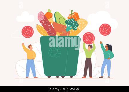 Protest against food waste and overconsumption struggle to reduce environment pollution. Tiny people holding red cross sign to stop wasting food and grocery products cartoon vector illustration Stock Vector