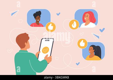 Invite friend referral marketing, program to share online gift, feedback and news, messages. Tiny man holding smartphone with affiliate users and gestures of approval cartoon vector illustration Stock Vector
